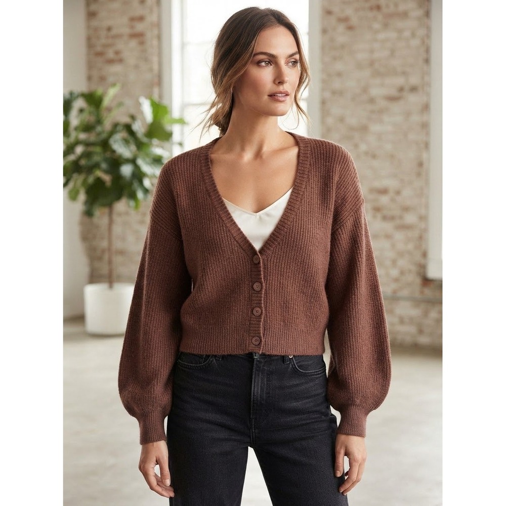 Arden B Women's Brown Ribbed Knit Balloon Sleeve Cropped Cardigan Sweater L
